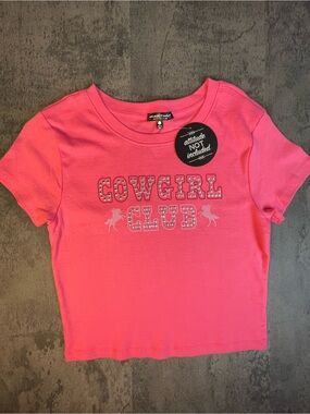 Cowgirl Club Pink Short Sleeve cropped embellished Juniors/teen Large Tee